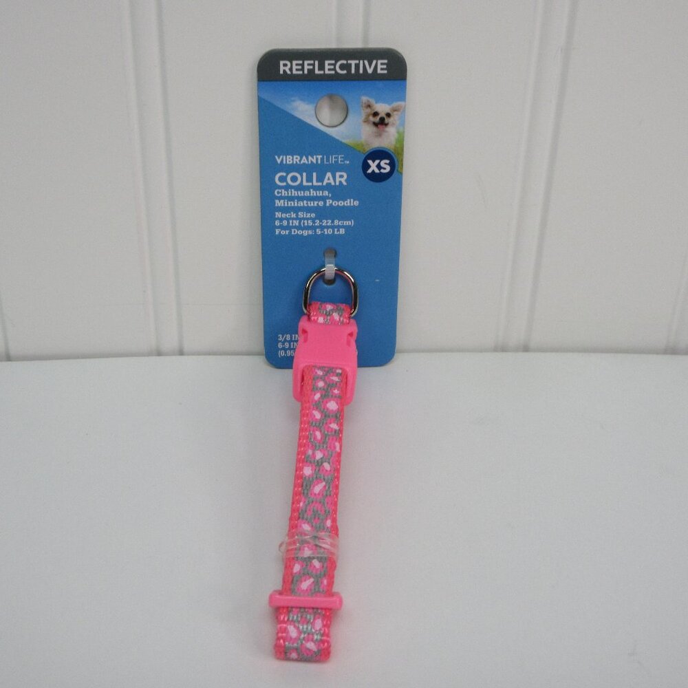Vibrant Life Dog Collar XS Pink Cheetah Print Reflective Adjustable 6"-9" Neck